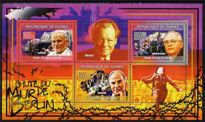 Guinea - Conakry 2009 Fall of the Berlin Wall perf sheetlet containing 3 values unmounted mint, stamps on , stamps on  stamps on personalities, stamps on  stamps on militaria, stamps on  stamps on  ww2 , stamps on  stamps on pope