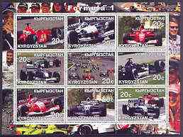 Kyrgyzstan 2001 Formula 1 perf sheetlet containing set of 9 values unmounted mint, stamps on cars, stamps on racing cars, stamps on formula 1, stamps on  f1 , stamps on shells