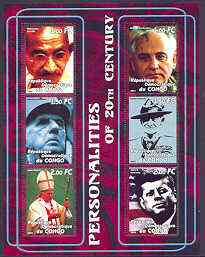 Congo 2001 Personalities of the 20th Century perf sheetlet #12 containing 6 values (Gandhi, Gorbachev, DeGaulle, Baden Powell, Pope John Paul & J F Kennedy) unmounted mint, stamps on , stamps on  stamps on personalities, stamps on millennium, stamps on gandhi, stamps on constitutions, stamps on scouts, stamps on pope, stamps on kennedy, stamps on  stamps on nato