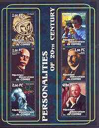 Congo 2001 Personalities of the 20th Century perf sheetlet #16 containing 6 values (Gagarin, Marie Curie, Von Zeppelin, Rutherford, Einstein & Neil Armstrong) unmounted m...