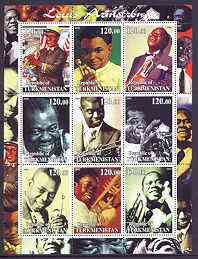 Turkmenistan 2001 Louis Armstrong perf sheetlet containing 9 values unmounted mint, stamps on , stamps on  stamps on personalities, stamps on  stamps on music, stamps on  stamps on jazz