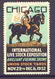 Cinderella - United States 1952 International Live Stock Exposition (Chicago) label showing farmer on horse, stamps on cinderellas, stamps on farming, stamps on horses, stamps on cattle, stamps on ovine, stamps on bovine, stamps on swine, stamps on vets