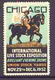 Cinderella - United States 1952 International Live Stock Exposition (Chicago) label showing farmer on horse, stamps on , stamps on  stamps on cinderellas, stamps on farming, stamps on horses, stamps on cattle, stamps on ovine, stamps on bovine, stamps on swine, stamps on vets