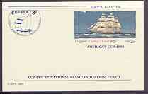 United States 1986 Flying Cloud Clipper 25c p/stat card opt'd for America's Cup and Cup-Pex 87 Stamp Exhibition, pristine, stamps on ships, stamps on stamp exhibition, stamps on sailing