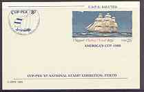 United States 1986 Flying Cloud Clipper 25c p/stat card optd for Americas Cup and Cup-Pex 87 Stamp Exhibition, pristine, stamps on ships, stamps on stamp exhibition, stamps on sailing