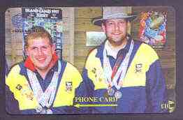 Telephone Card - Falkland Islands 10 'phone card showing David Peck & Graham Didlick, Pistol Shooters in 16th Commonwealth Games, stamps on sport, stamps on rifle, stamps on firearms
