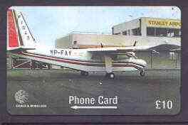 Telephone Card - Falkland Islands 10 'phone card showing Britten-Norman Islander for 50th Anniversary of FI Govt Air Services, stamps on aviation, stamps on britten  