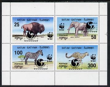 Batum 1994 WWF Wild Animals perf sheetlet containing set of 4 with Philakorea opt unmounted mint, stamps on animals    wwf    bison    elephant      zebra     cheetah    cats     stamp exhibitions    bovine, stamps on  wwf , stamps on 