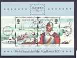 Isle of Man 1986 Ameripex 86 Stamp Exhibition (Pilgrim Fathers & The mayflower) m/sheet very fine cds used, SG MS 325, stamps on ships, stamps on explorers, stamps on settlers, stamps on stamp exhibitions, stamps on 