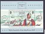 Isle of Man 1986 Ameripex 86 Stamp Exhibition (Pilgrim Fathers & The mayflower) m/sheet very fine cds used, SG MS 325, stamps on , stamps on  stamps on ships, stamps on explorers, stamps on settlers, stamps on stamp exhibitions, stamps on 