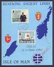 Isle of Man 1980 Visit of King Olav of Norway m/sheet very fine cds used, SG MS 180, stamps on , stamps on  stamps on royalty, stamps on  stamps on royal visit, stamps on  stamps on ships, stamps on  stamps on maps, stamps on  stamps on arms, stamps on  stamps on heraldry, stamps on  stamps on vikings