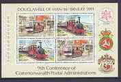 Isle of Man 1991 Commonwealth Postal Administration Conference (Loco & Tram) m/sheet very fine cds used, SG MS 484, stamps on postal, stamps on railways, stamps on trams, stamps on arms, stamps on heraldry