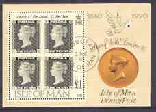 Isle of Man 1990 150th Anniversary of Penny Black m/sheet (Stamp World) very fine cds used, SG MS 447, stamps on postal, stamps on stamp on stamp, stamps on stamp exhibitions, stamps on stamponstamp
