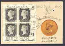 Isle of Man 1990 150th Anniversary of Penny Black m/sheet (Stamp World) very fine cds used, SG MS 447, stamps on , stamps on  stamps on postal, stamps on stamp on stamp, stamps on stamp exhibitions, stamps on  stamps on stamponstamp