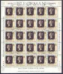 Isle of Man 1990 150th Anniversary of Penny Black m/sheet (1p concession stamp) in sheetlet of 25 (corner letters different) very fine cds used SG 442b, stamps on , stamps on  stamps on postal, stamps on stamp on stamp, stamps on  stamps on stamponstamp