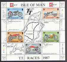 Isle of Man 1987 80th Anniversary of TT Motorcycle Racing m/sheet (with Capex 87 imprint) very fine cds used, SG MS 353, stamps on motorbikes, stamps on stamp exhibitions