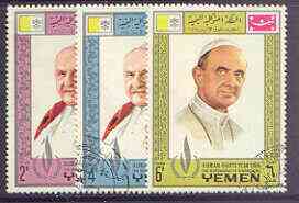 Yemen - Royalist 1968 Human Rights Year the three perf values showing Popes very fine cto used (Mi 543, 547 & 551A)*, stamps on , stamps on  stamps on human rights, stamps on personalities, stamps on popes, stamps on  stamps on pope