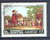 Yemen - Royalist 1968 The Pemigewasset Coach by Enoch  W Perry Jr 1B value from Americam & European paintings set, very fine cto used, Mi 557*, stamps on , stamps on  stamps on arts, stamps on mail coaches, stamps on horses
