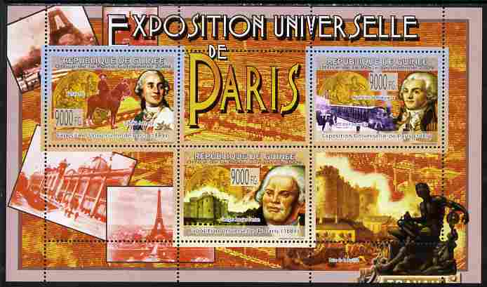 Guinea - Conakry 2009 Paris Exposition of 1889 perf sheetlet containing 3 values unmounted mint, stamps on personalities, stamps on coins, stamps on eiffel tower, stamps on 