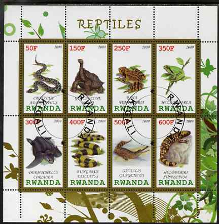 Rwanda 2009 Reptiles perf sheetlet containing 8 values fine cto used, stamps on , stamps on  stamps on animals, stamps on  stamps on reptiles, stamps on  stamps on snakes, stamps on  stamps on frogs, stamps on  stamps on turtles, stamps on  stamps on lizards, stamps on  stamps on crocodiles