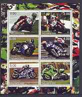 Tadjikistan 2001 Racing Motorcycles sheetlet containing complete set of 6 values unmounted mint, stamps on sport, stamps on motorbikes, stamps on shells