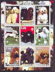 Adigey Republic 2001 Dogs (Poodle) perf sheetlet containing complete set of 9 values, each with Scout logo unmounted mint, stamps on dogs, stamps on scouts, stamps on poodles