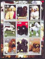 Adigey Republic 2001 Dogs (Poodle) perf sheetlet containing complete set of 9 values, each with Scout logo unmounted mint, stamps on , stamps on  stamps on dogs, stamps on scouts, stamps on poodles