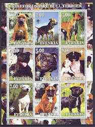 Evenkia Republic 2001 Dogs (Staffordshire Bull Terrier) perf sheetlet containing complete set of 9 values, each with Scout logo unmounted mint, stamps on , stamps on  stamps on dogs, stamps on scouts, stamps on staffordshire