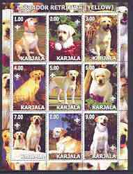 Karjala Republic 2001 Dogs (Golden Labrador Retriever) perf sheetlet containing complete set of 9 values, each with Scout logo unmounted mint, stamps on , stamps on  stamps on dogs, stamps on scouts, stamps on labrador