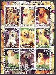 Buriatia Republic 2001 Dogs (Golden Retriever) perf sheetlet containing complete set of 9 values, each with Scout logo unmounted mint, stamps on , stamps on  stamps on dogs, stamps on scouts, stamps on retriever