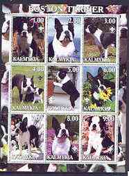 Kalmikia Republic 2001 Dogs (Boston Terrier) perf sheetlet containing complete set of 9 values, each with Scout logo unmounted mint, stamps on , stamps on  stamps on dogs, stamps on scouts, stamps on boston, stamps on terrier