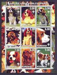 Koriakia Republic 2001 Dogs (Cavalier King Charles Spaniel) perf sheetlet containing complete set of 9 values, each with Scout logo unmounted mint, stamps on , stamps on  stamps on dogs, stamps on scouts, stamps on king charles spaniel