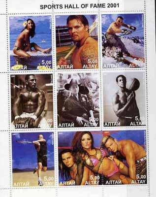 Altaj Republic 2001 Sports Hall Of Fame perf sheetlet containing complete set of 9 values unmounted mint, stamps on sport, stamps on basketball, stamps on tennis, stamps on skiing