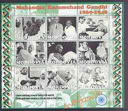 Mordovia Republic 2001 Gandhi perf sheetlet containing complete set of 9 values unmounted mint, stamps on , stamps on  stamps on personalities, stamps on gandhi