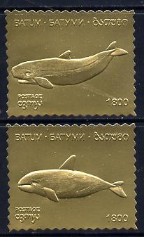 Batum 1994 Whales set of 2 in gold foil unmounted mint, stamps on , stamps on  stamps on animals    marine-life      whales