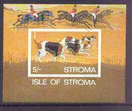 Stroma 1969 Dogs imperf m/sheet (5s value showing Foxhounds) with fine colour shift of black resulting in dropped imprint, and doubling of horses in background unmounted ..., stamps on animals, stamps on dogs, stamps on foxhounds, stamps on horses, stamps on hunting