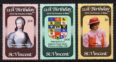 St Vincent 1982 Princess Dis 21st Birthday set of 3 unmounted mint SG 694-6, stamps on royalty    diana