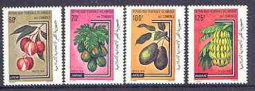 Comoro Islands 1979 Fruit set of four unmounted mint, SG 375-378, stamps on , stamps on  stamps on fruit, stamps on bananas, stamps on avocado, stamps on lychee, stamps on papaya