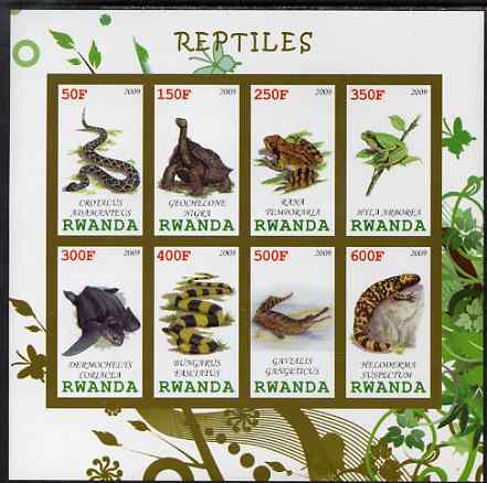 Rwanda 2009 Reptiles imperf sheetlet containing 8 values unmounted mint, stamps on , stamps on  stamps on animals, stamps on  stamps on reptiles, stamps on  stamps on snakes, stamps on  stamps on frogs, stamps on  stamps on turtles, stamps on  stamps on lizards, stamps on  stamps on crocodiles