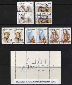Ghana 1990 Nehru Birth Centenary set of 5 each in pairs with part perfin 'T.D.L.R. SPECIMEN' with photocopy of complete sheet showing full layout of the perfin. Note: blocks of 8 (4 pairs) would be required to show the full perfin legend. as SG 1422-26 (ex De La Rue archive sheets) unmounted mint, stamps on , stamps on  stamps on personalities, stamps on constitutions, stamps on nehru, stamps on pigeons