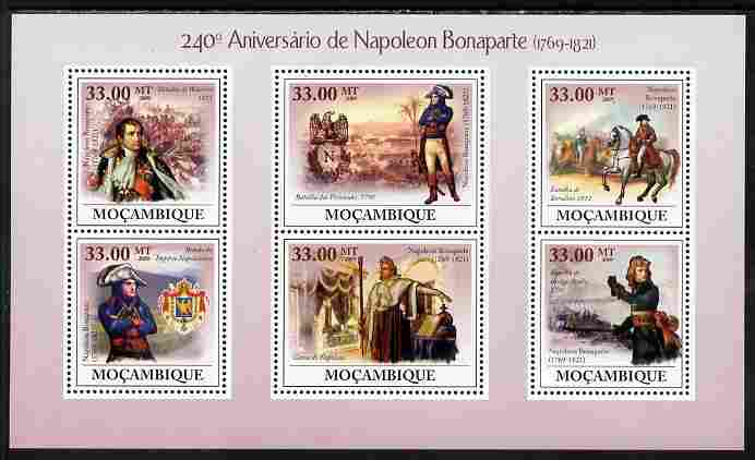 Mozambique 2009 240th Anniversary of Napoleon Bonaparte perf sheetlet containing 6 values unmounted mint, stamps on , stamps on  stamps on personalities, stamps on  stamps on napoleon, stamps on  stamps on militaria, stamps on  stamps on horses  , stamps on  stamps on dictators.