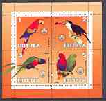 Eritrea 2001 Parrots perf sheetlet containing 4 values each with Scout Logo unmounted mint, stamps on scouts, stamps on birds, stamps on parrots