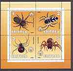 Eritrea 2001 Spiders perf sheetlet containing 4 values each with Scout Logo unmounted mint, stamps on , stamps on  stamps on scouts, stamps on spiders, stamps on insects, stamps on 