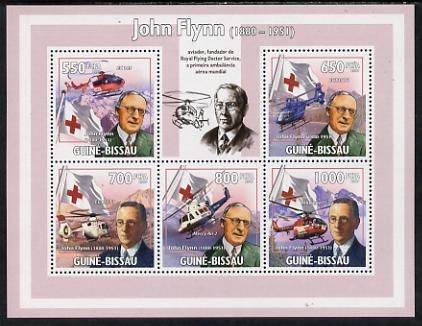 Guinea - Bissau 2009 John Flynn & Red Cross Helicopters perf sheetlet containing 5 values unmounted mint, stamps on personalities, stamps on aviation, stamps on flags, stamps on red cross, stamps on helicopters