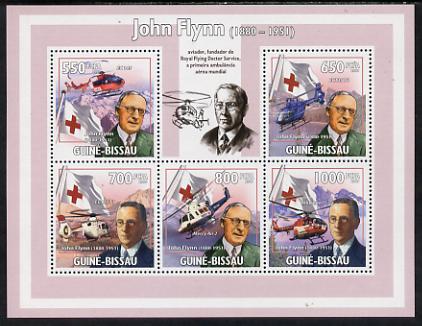 Guinea - Bissau 2009 John Flynn & Red Cross Helicopters perf sheetlet containing 5 values unmounted mint, stamps on , stamps on  stamps on personalities, stamps on  stamps on aviation, stamps on  stamps on flags, stamps on  stamps on red cross, stamps on  stamps on helicopters