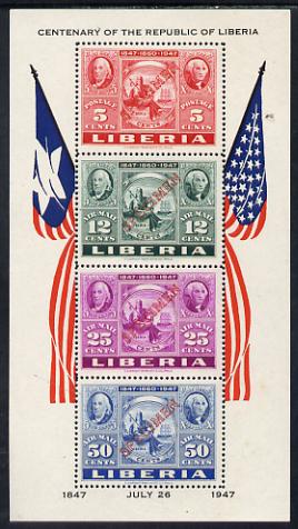 Liberia 1947 US Stamp Centenary perf m/sheet each stamp opt'd SPECIMEN mtd mint, SG MS 661 , stamps on , stamps on  stamps on americana, stamps on  stamps on us presidents, stamps on  stamps on flags