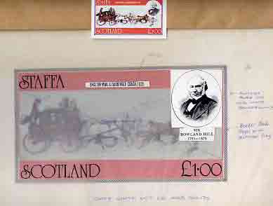 Staffa 1979 Rowland Hill (Mail Coach) - Original artwork for souvenir sheet (A31 value) comprising coloured illustration on board (215 mm x 118 mm) with overlay, plus issued label, stamps on , stamps on  stamps on postal    rowland hill     mail coaches