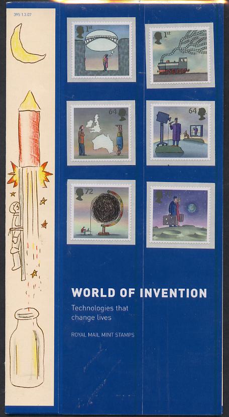 Great Britain 2007 World of Invention self adhesive perf set of 6 in official presentation pack unmounted mint, SG 2715-20, stamps on , stamps on  stamps on bridges, stamps on  stamps on television, stamps on  stamps on computers, stamps on  stamps on space, stamps on  stamps on  tv , stamps on  stamps on globes, stamps on  stamps on civil engineering, stamps on  stamps on railways, stamps on  stamps on maps, stamps on  stamps on telephones, stamps on  stamps on self adhesive