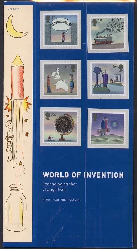 Great Britain 2007 World of Invention self adhesive perf set of 6 in official presentation pack unmounted mint, SG 2715-20, stamps on bridges, stamps on television, stamps on computers, stamps on space, stamps on  tv , stamps on globes, stamps on civil engineering, stamps on railways, stamps on maps, stamps on telephones, stamps on self adhesive