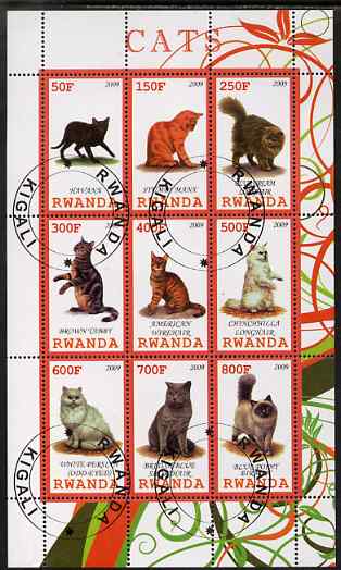 Rwanda 2009 Domestic Cats perf sheetlet containing 9 values fine cto used, stamps on cats